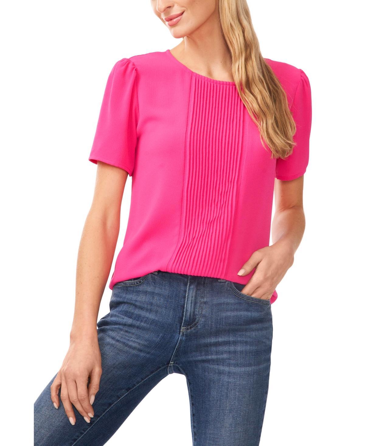 CeCe Womens Pintucked Front Short Sleeve Crew Neck Blouse Product Image