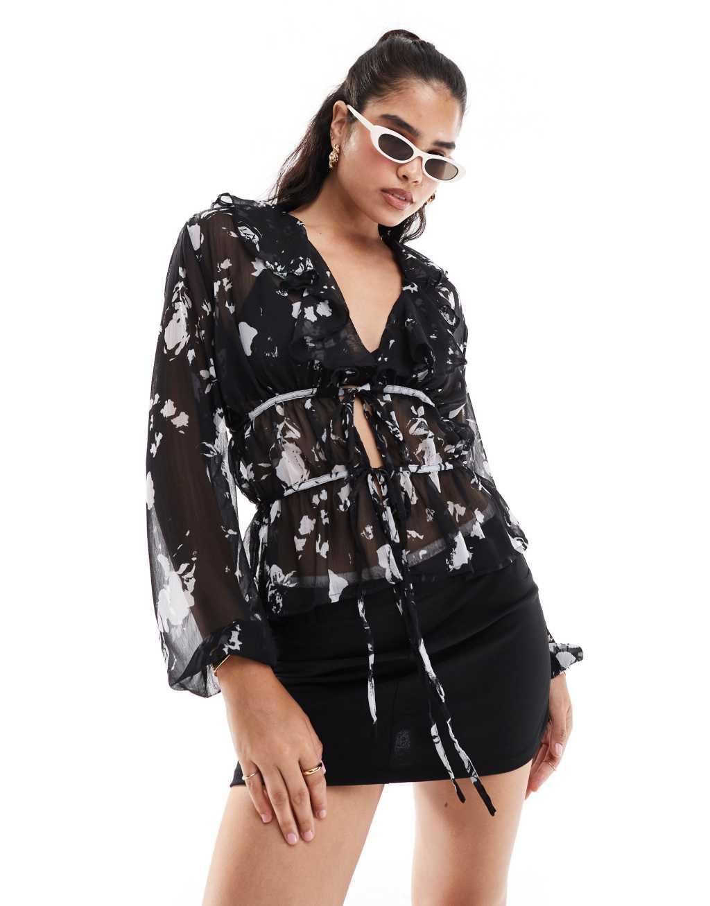 ASOS DESIGN ruffle chiffon blouse with ties in mono floral product image