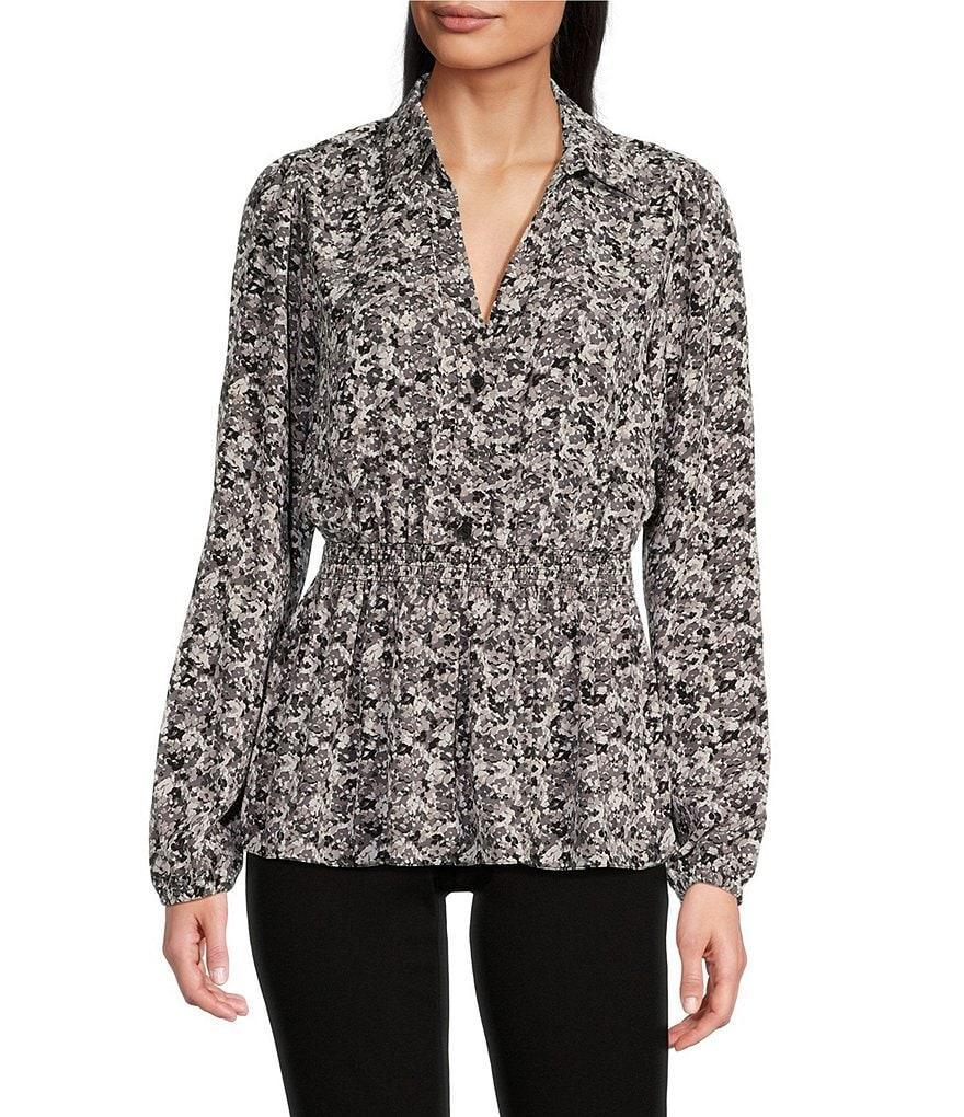 Michael Kors Printed Matte Satin Long Sleeve Collared Button Front Peplum Shirt product image