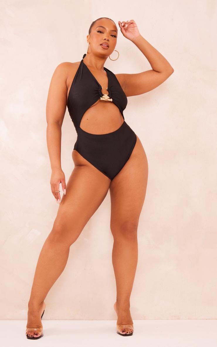 Plus Black Hammered Trim Cut Out Swimsuit Product Image