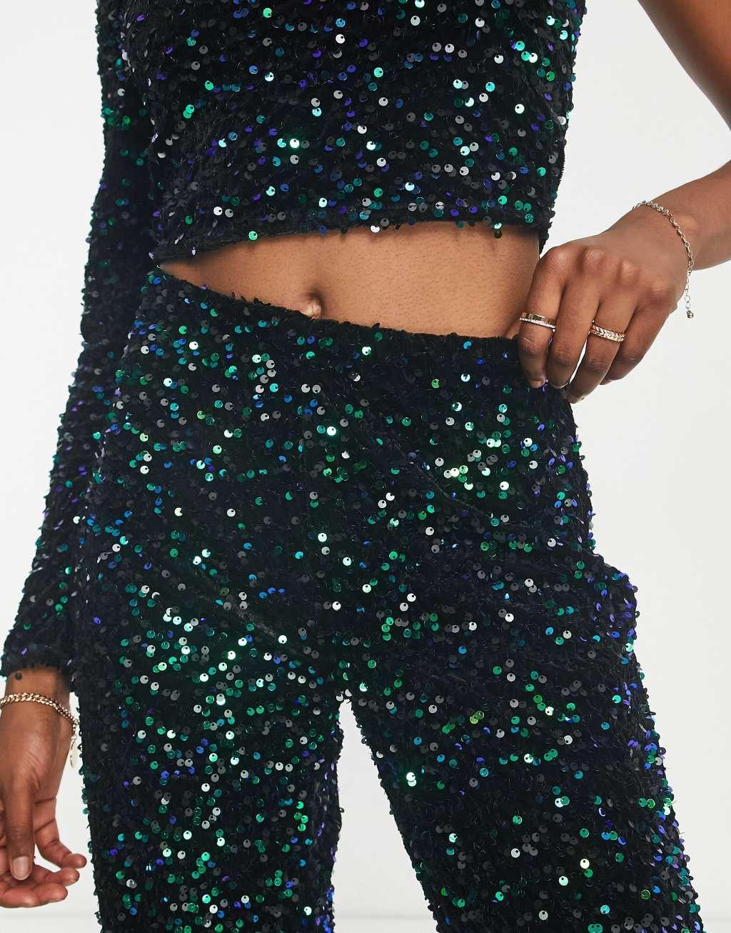 JDY straight leg pants in green & black sequins - part of a set Product Image