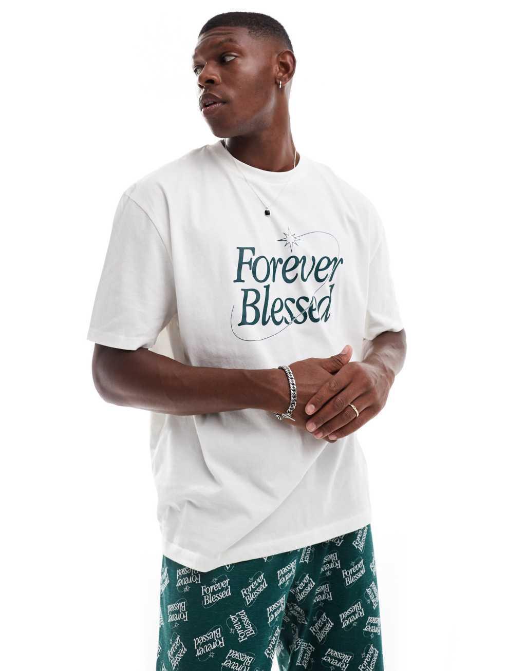 ASOS DESIGN pajama set with Forever Blessed graphics in dark green Product Image