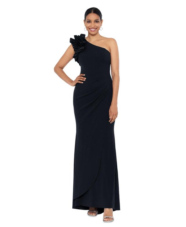 Xscape Petite Size Sleeveless Ruffled One Shoulder Scuba Crepe Sheath Gown Product Image