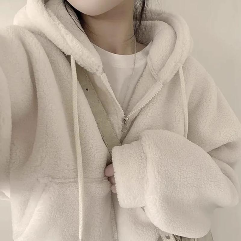 Plain Zip Faux Shearling Cropped Hoodie Product Image