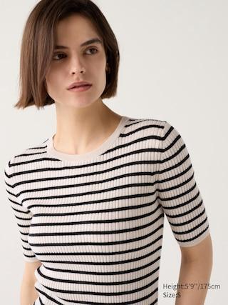 Womens Merino Ribbed Crew Neck Half Sleeve Sweater Striped Off White Large UNIQLO US Product Image