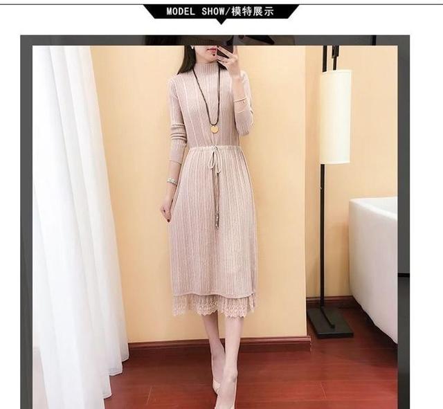 Long-Sleeve Mock Neck Plain Lace Panel Drawstring Waist Midi A-Line Knit Dress Product Image