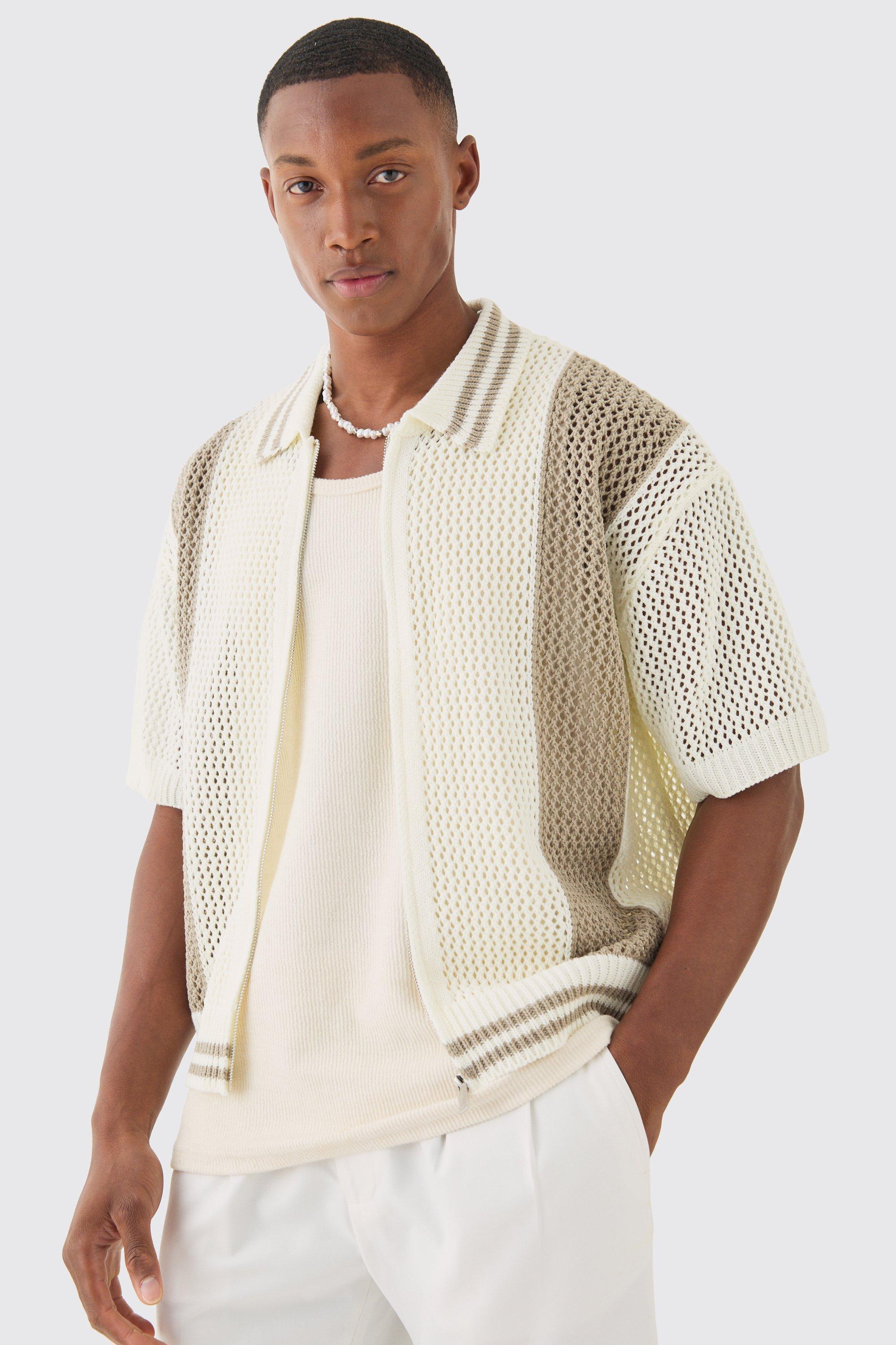 Boxy Dual Zip Open Stitch Colour Block Shirt | boohooMAN USA Product Image