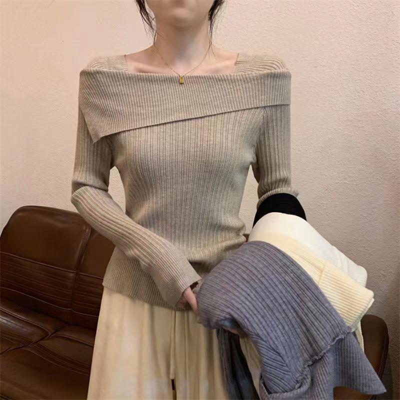 Long Sleeve Square Neck Plain Ribbed Knit Top Product Image