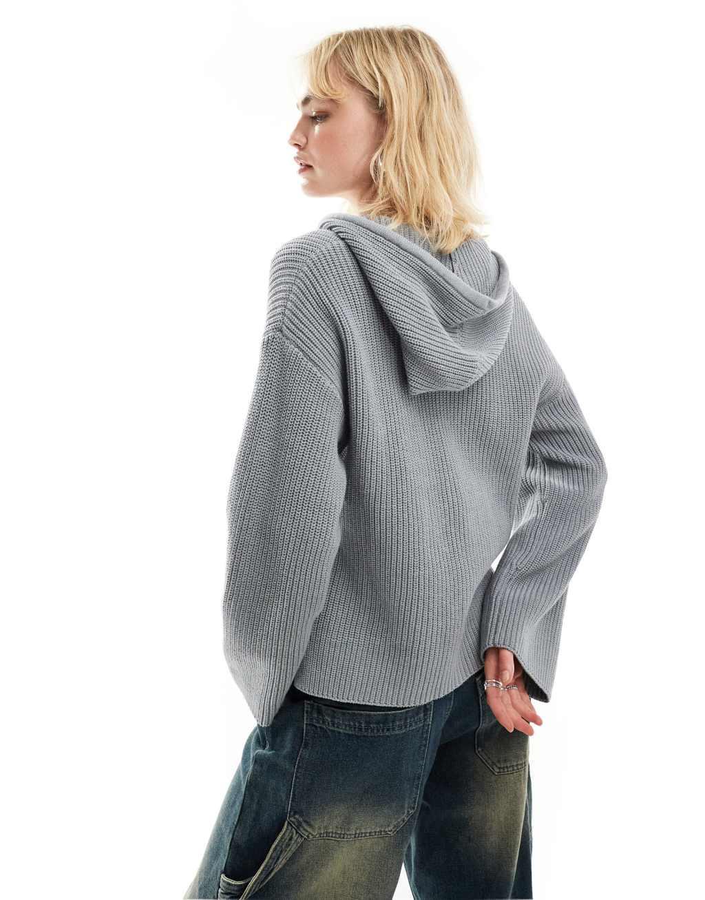 Monki rib knit hoodie zip up cardigan in heather gray Product Image