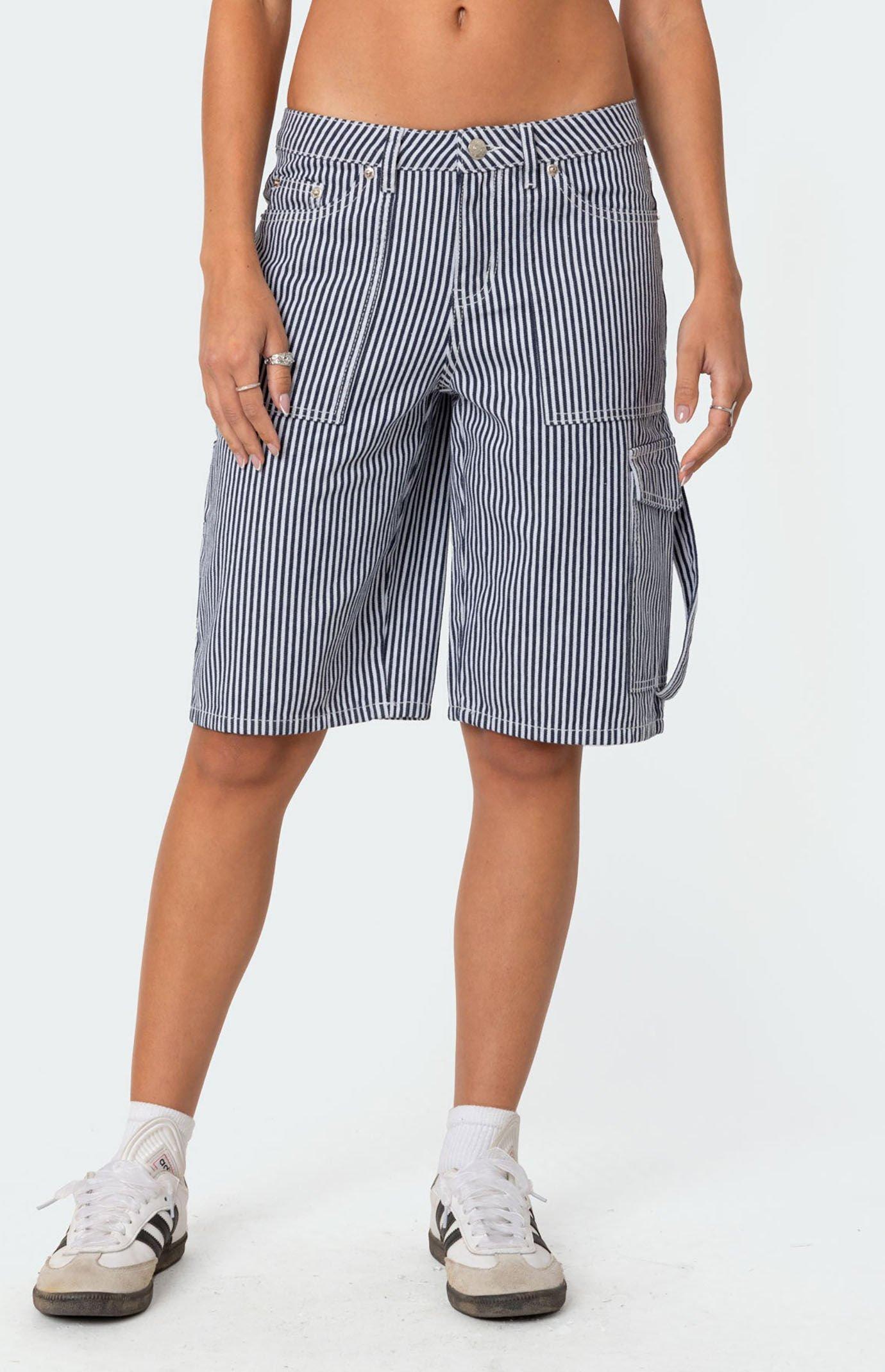 Edikted Women's Friday Striped Low Rise Cargo Shorts in Navy/White - Product Image