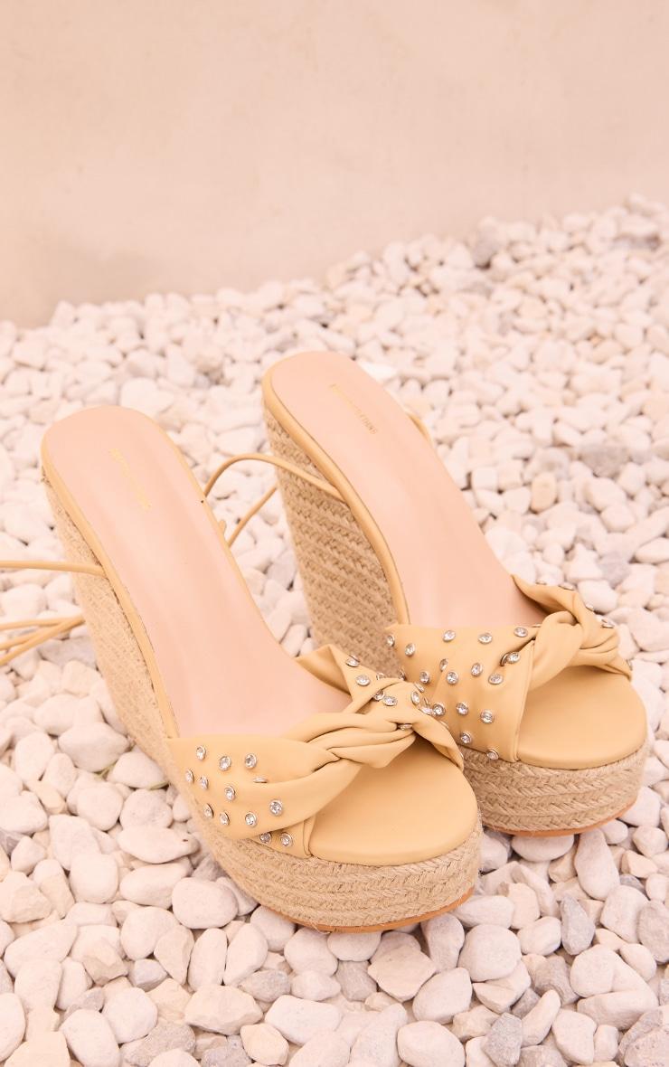 Beige Matte Pu Round Toe Stud Detail Lace Up High Heeled Wedges Product Image