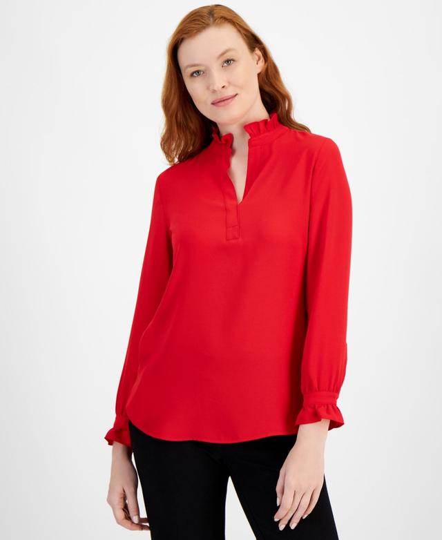 Anne Klein Womens Notched Ruffled-Neck Long-Sleeve Top Product Image