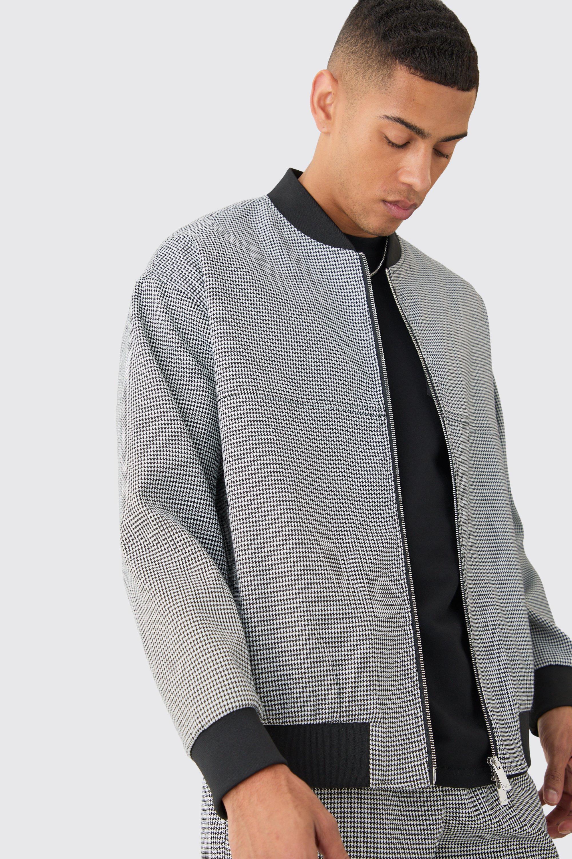 Houndstooth Plaid Regular Fit Smart Bomber Jacket | boohooMAN USA Product Image