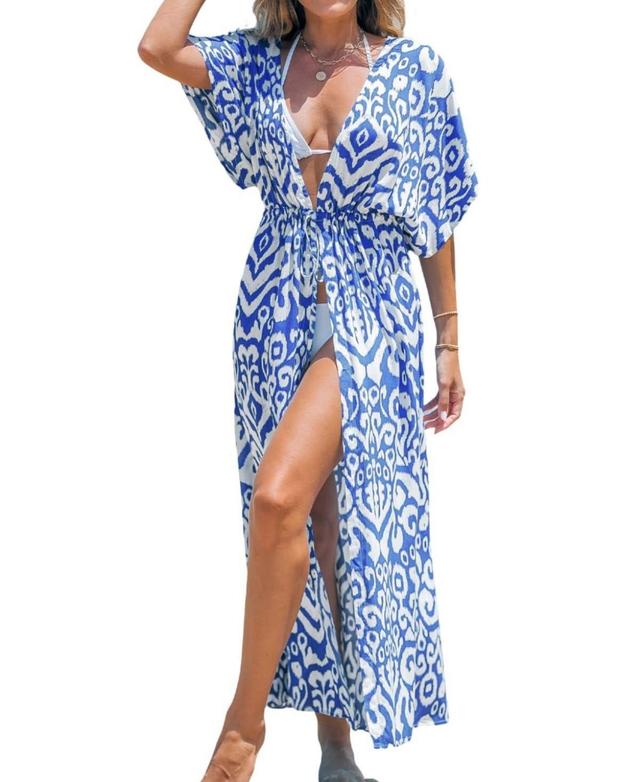 Women's Royal Blue Damask Plunging Dolman Sleeve Maxi Cover-Up Product Image