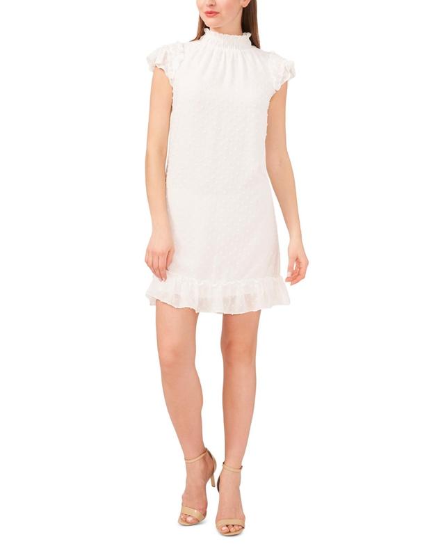 CeCe Clip Dot Ruffled Mock Neck Short Sleeve Ruffled Hem Shift Dress Product Image