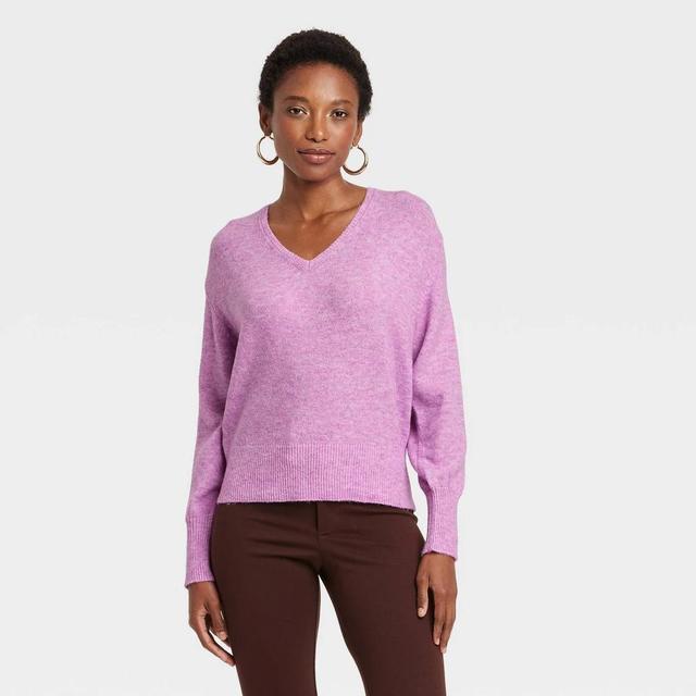 Womens Cozy Knit V-Neck Pullover Sweater - A New Day Purple Product Image