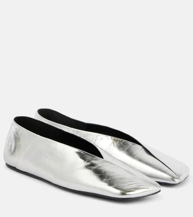 Metallic Leather Ballet Flats In Silver Product Image