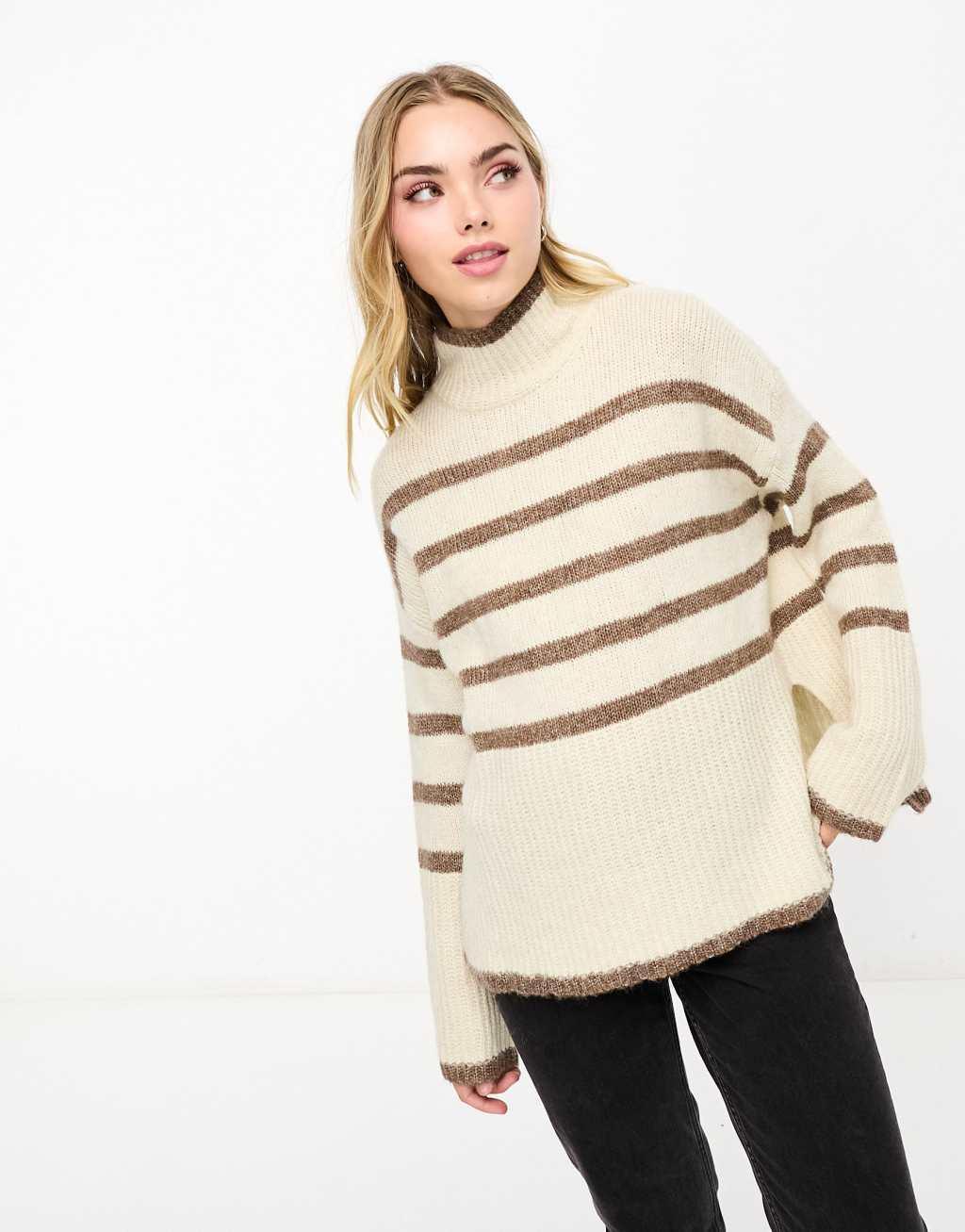 Vero Moda high neck oversized stripe sweater in cream and brown Product Image