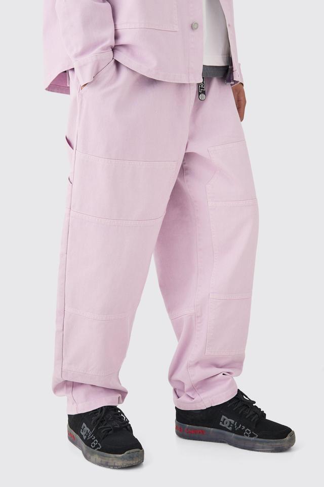 Elastic Waist Crinkle Denim Carpenter Jeans Overdyed Lilac | boohooMAN USA Product Image