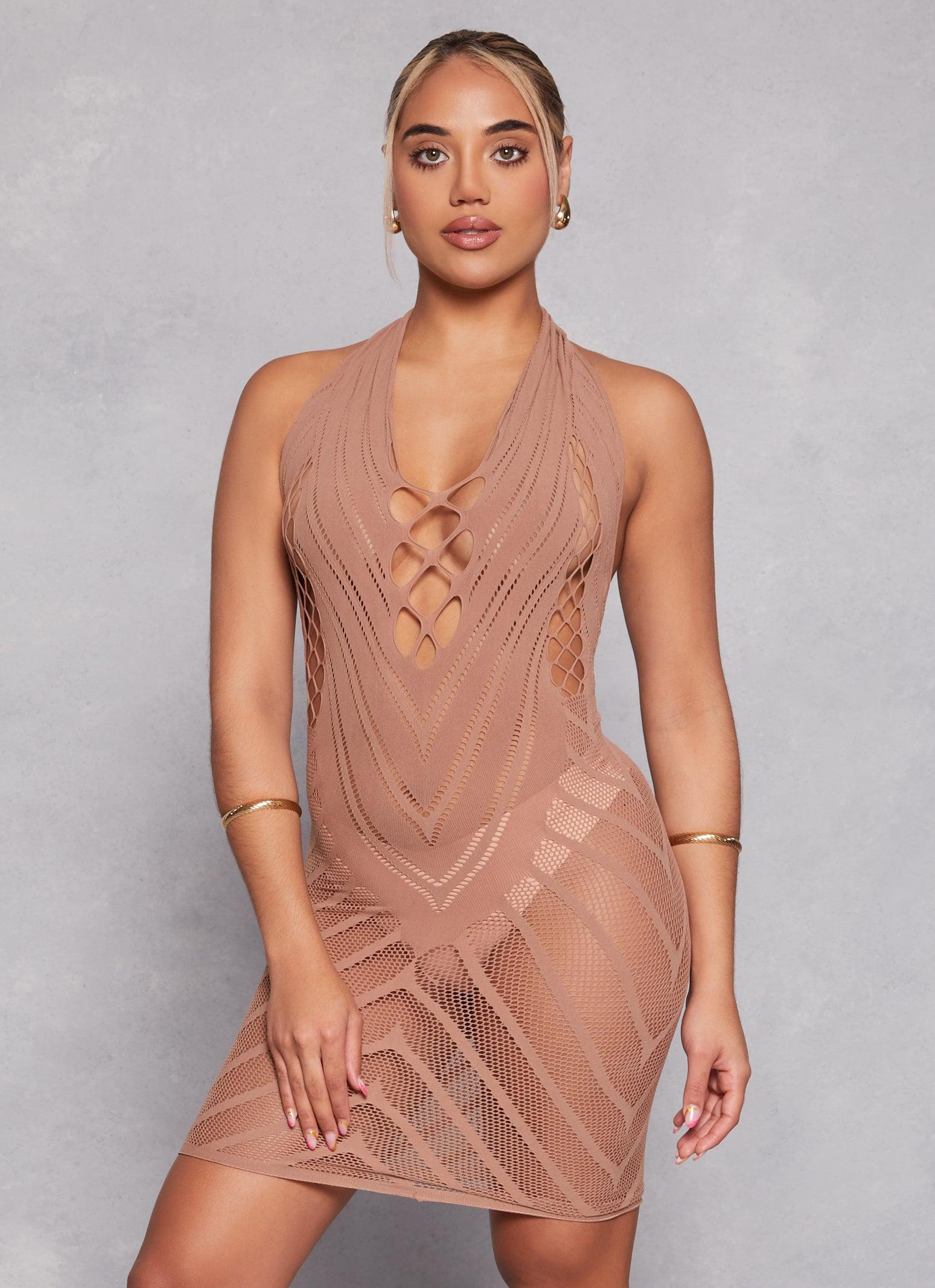 Womens Fishnet Detail Cut Out Seamless Halter Dress Product Image