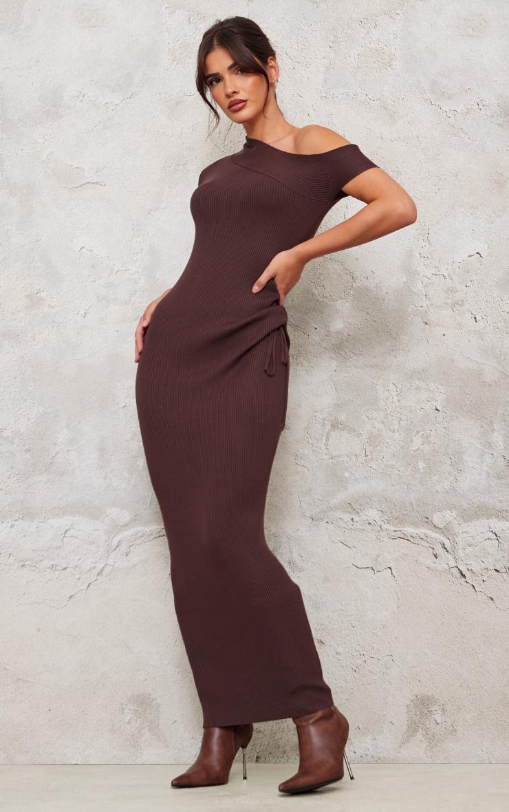 Chocolate Rib Knit Asymmetric Neck Ruched Side Maxi Dress Product Image