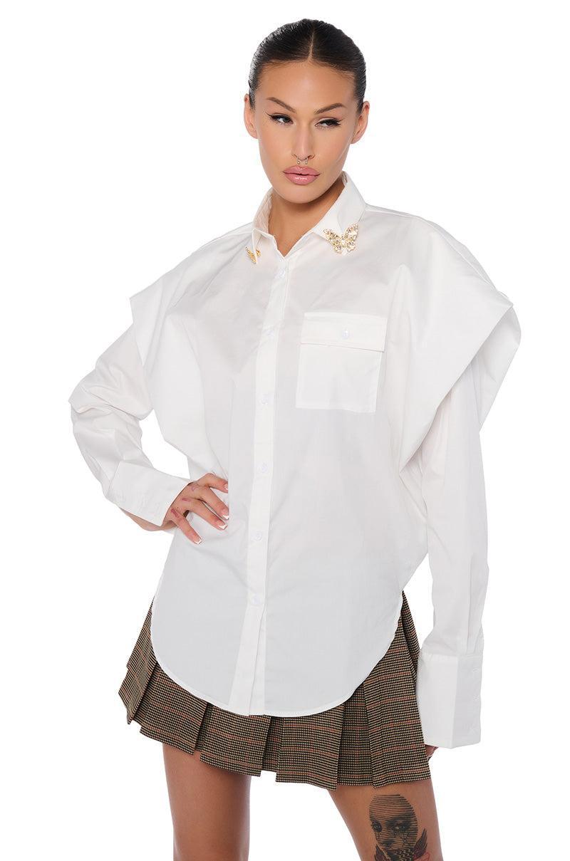 HIGH POINTED SHOULDER BUTTON DOWN POPLIN SHIRT Product Image