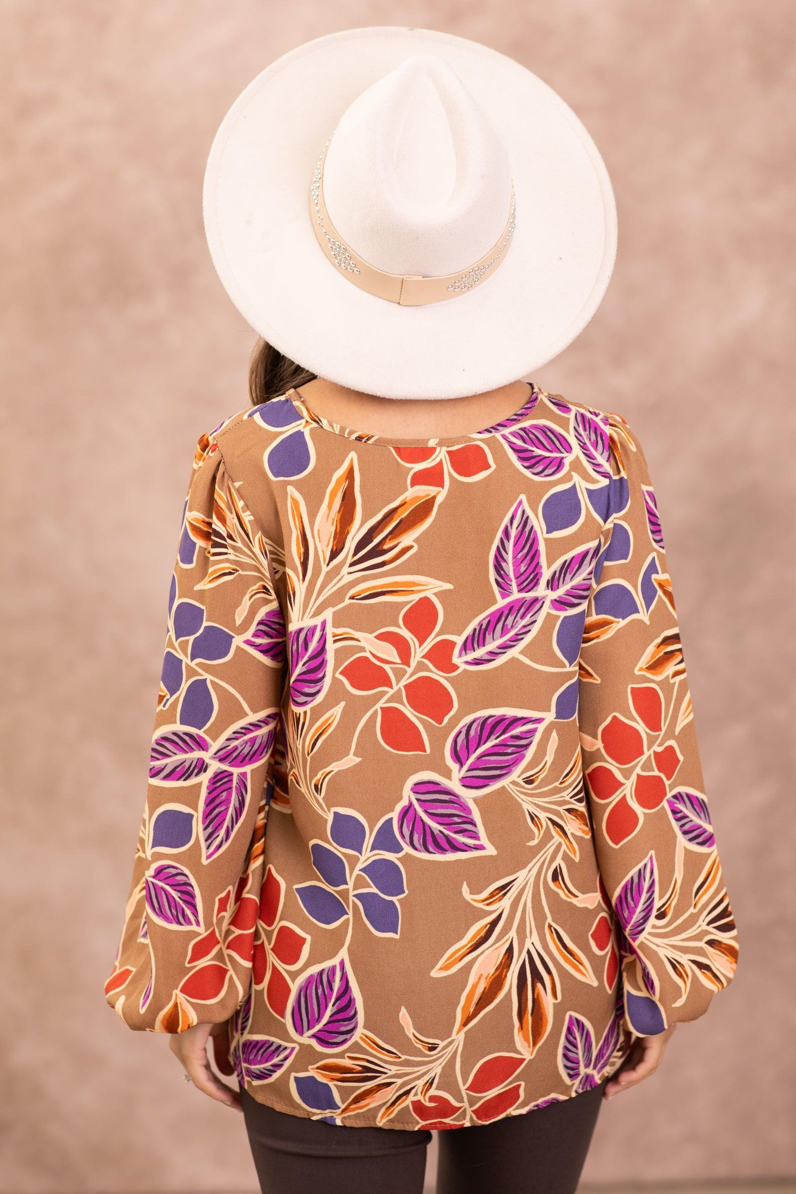 Taupe Multicolor Floral Long Sleeve V-Neck Top Product Image