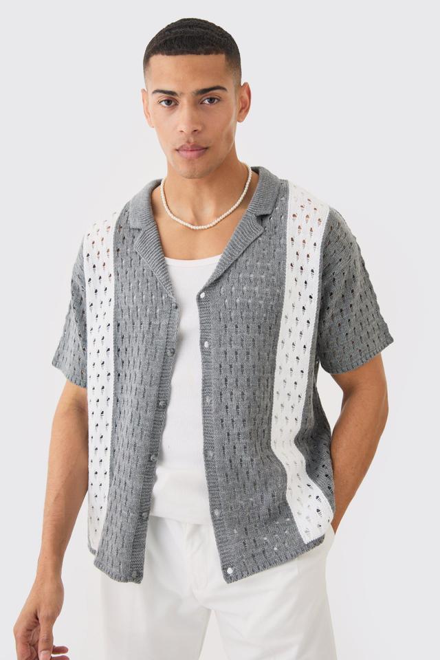 Oversized Boxy Open Stitch Stripe Knit Shirt In Charcoal | boohooMAN USA Product Image