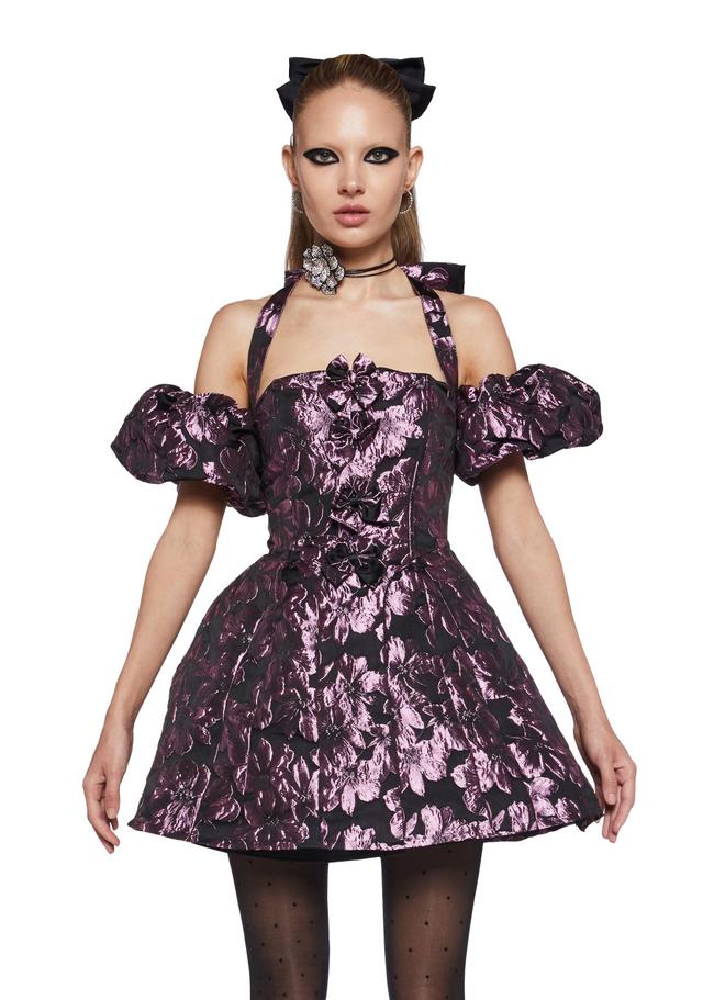 Womens Regency Floral Bow Brocade Halter Puff Sleeve Mini Dress Sugar Thrillz - Black Product Image