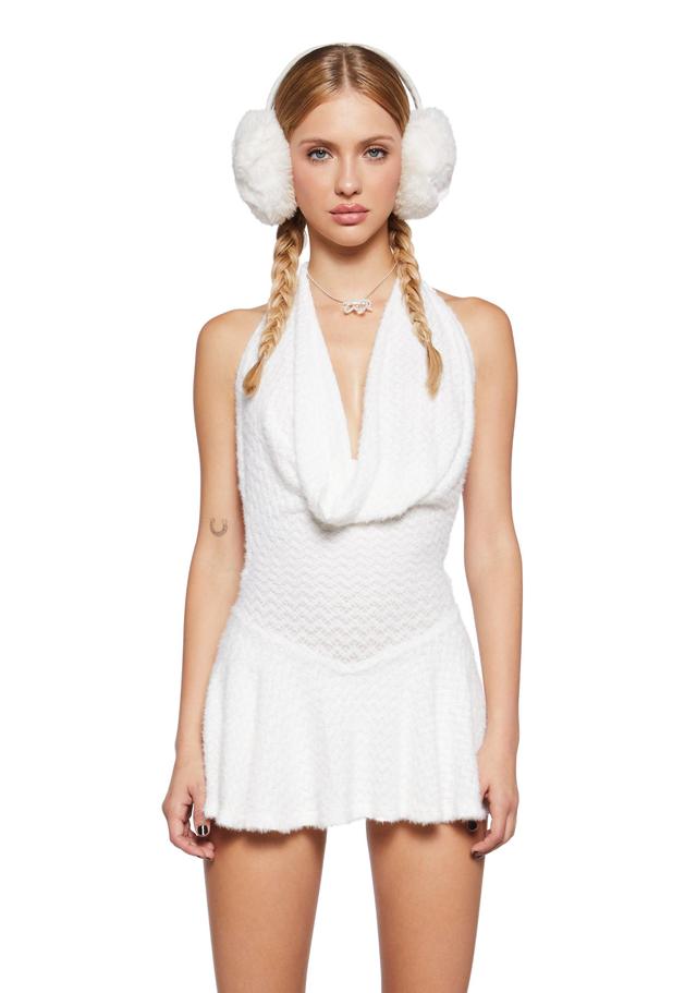 Fuzzy Knit Open Back Cowl Neck Mini Dress - White Product Image