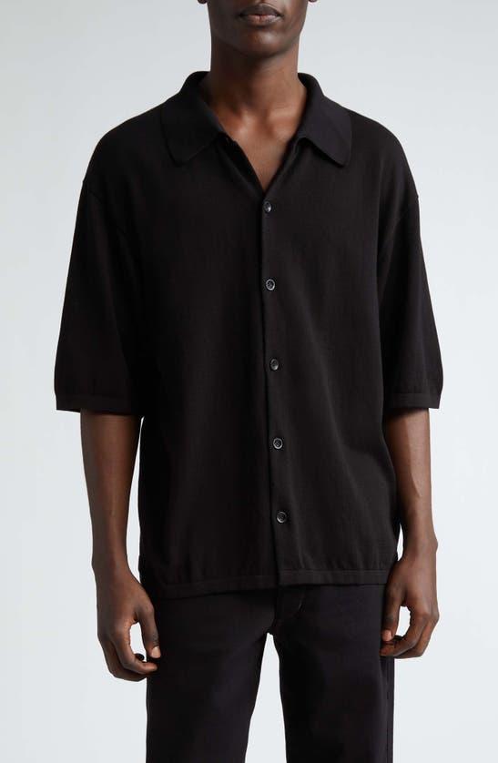 Short Sleeve Cotton Knit Button-up Shirt In Nero Product Image