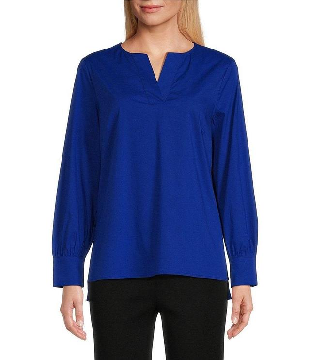 Ming Wang Woven Split V-Neck Long Cuffed Sleeve Back Yoke High-Low Hem Blouse Product Image