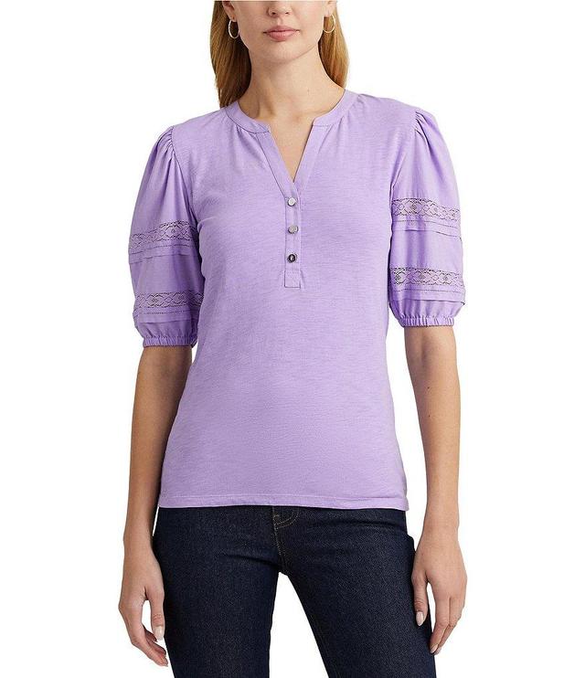 Lauren Ralph Lauren Lace Trim Jersey Puff Sleeve Henley Tee Shirt Product Image