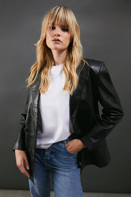 Real Leather Double Breasted Oversized Blazer Product Image