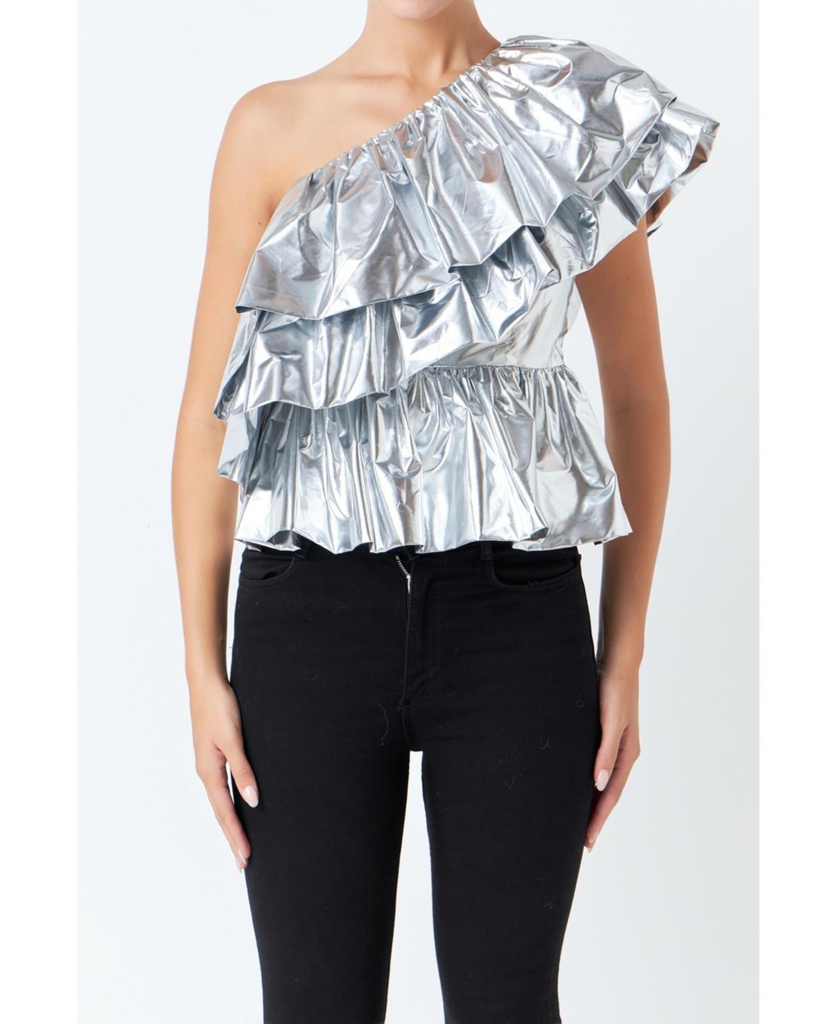 Endless Rose Metallic Tiered One-Shoulder Peplum Top Product Image