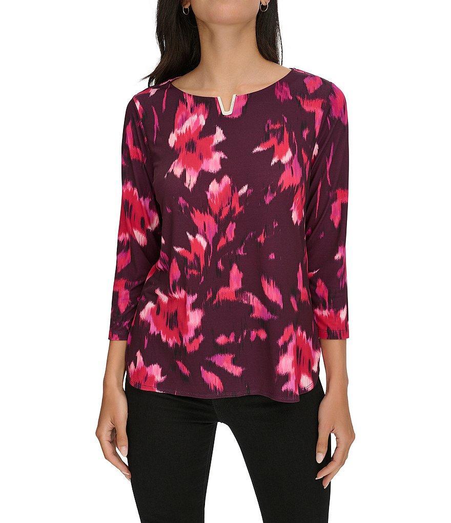 Calvin Klein Printed Knit Split Round Neck 3/4 Sleeves Top Product Image