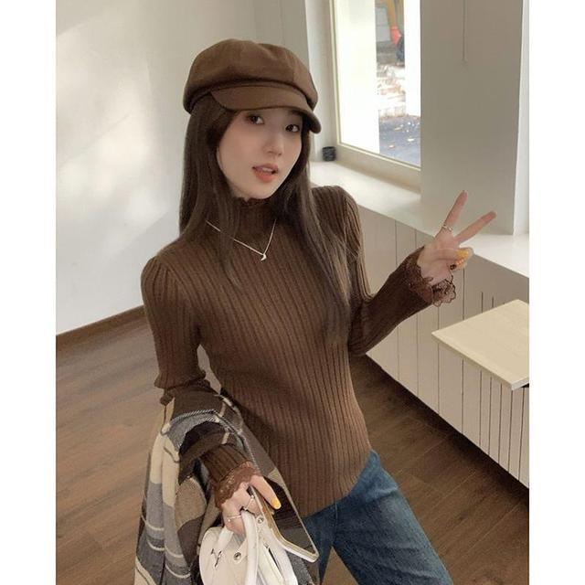 Turtleneck Plain Lace Trim Ribbed Sweater Product Image