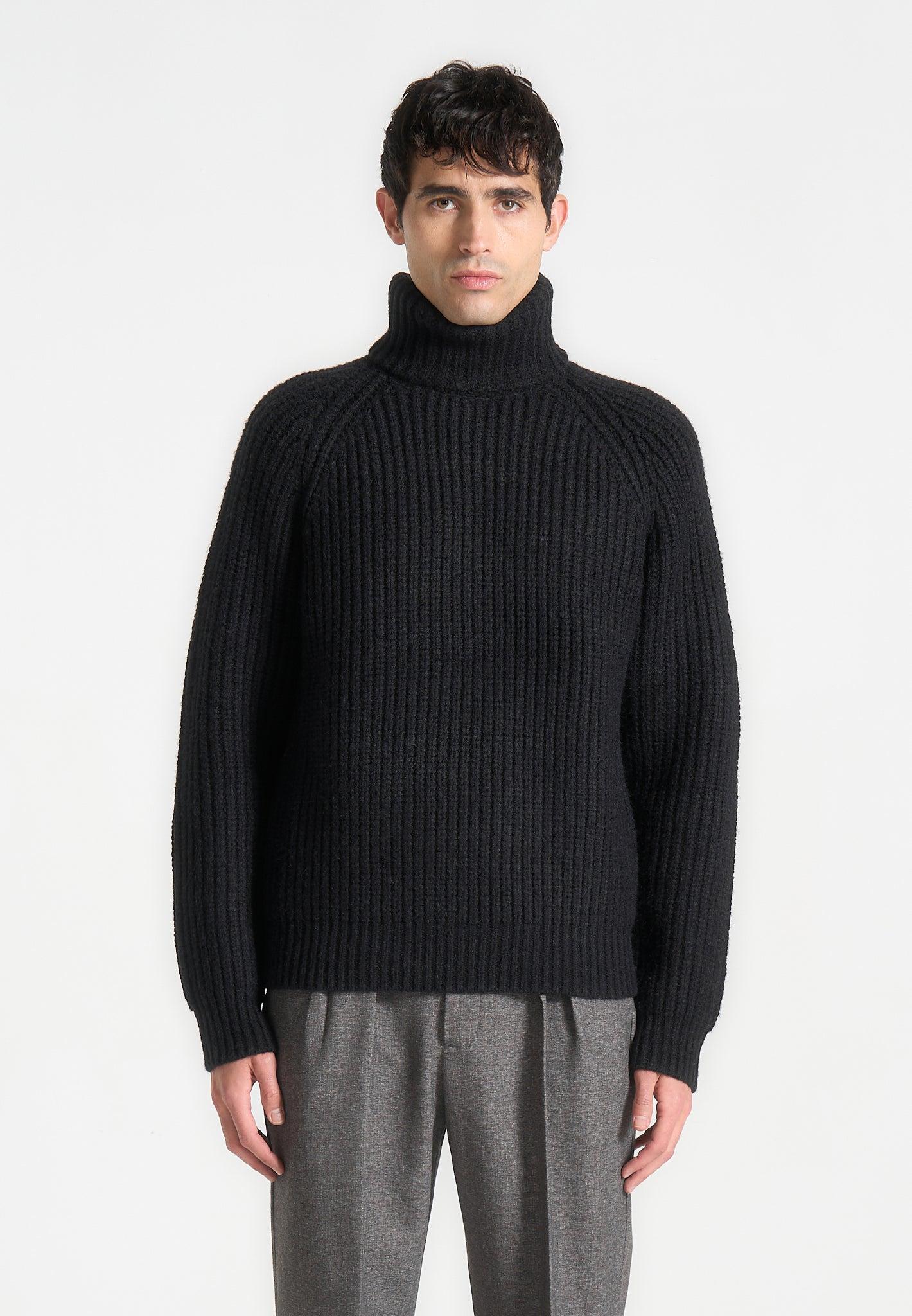 Roll Neck Chunky Knit Jumper - Black Male Product Image