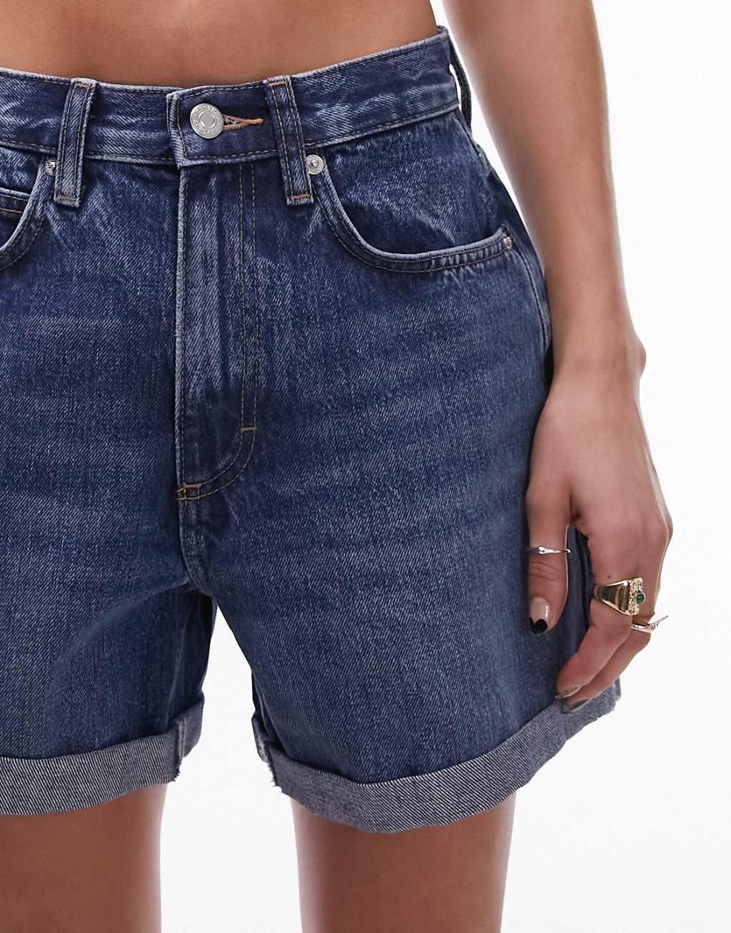 Topshop denim roll hem shorts in rich blue Product Image