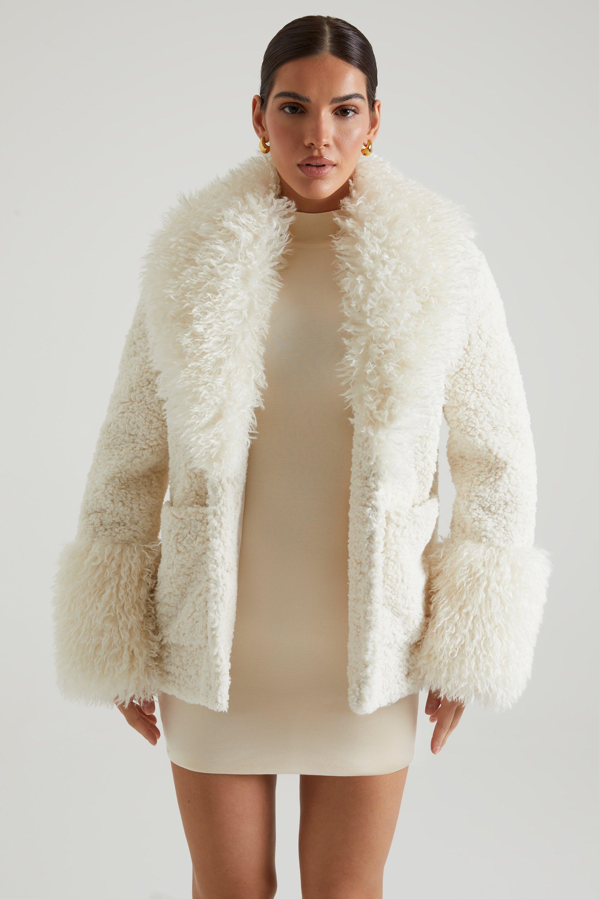 Shearling Coat with Large Front Pockets in Cream Product Image