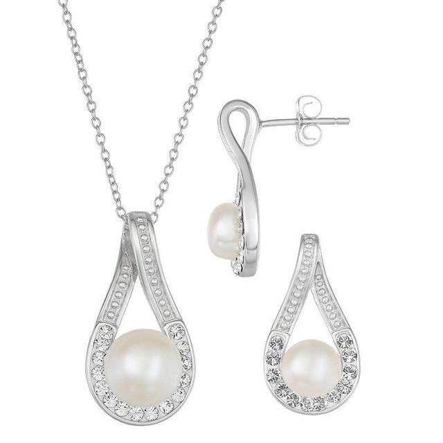 Sterling Silver Cultured Freshwater Pearl & Crystal Teardrop Pendant Necklace & Earrings Set, Womens Product Image