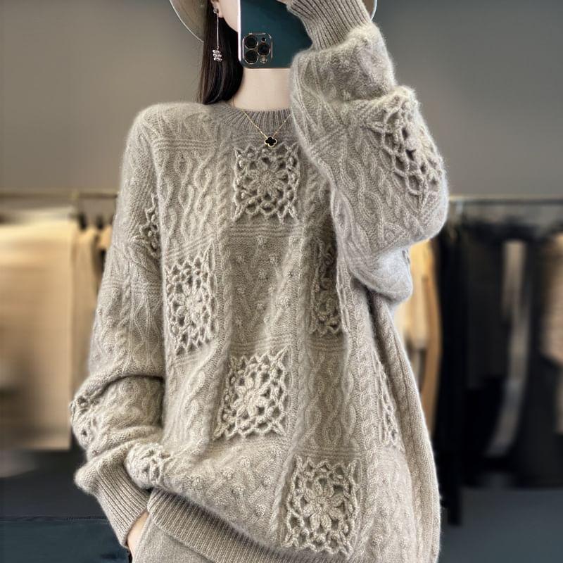 Crew Neck Plain Crochet Cable Knit Sweater product image