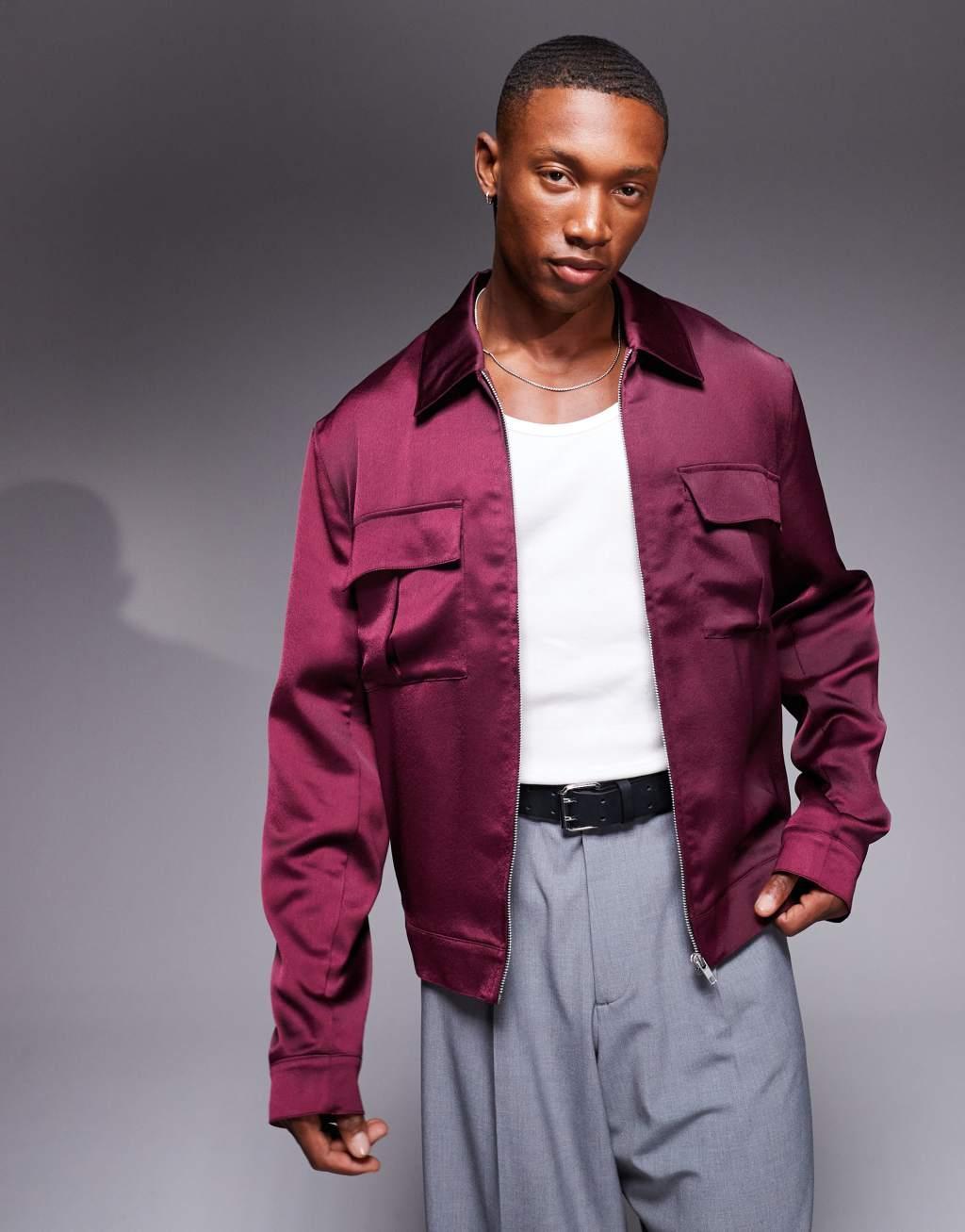 ASOS DESIGN cropped satin harrington jacket in burgundy Product Image