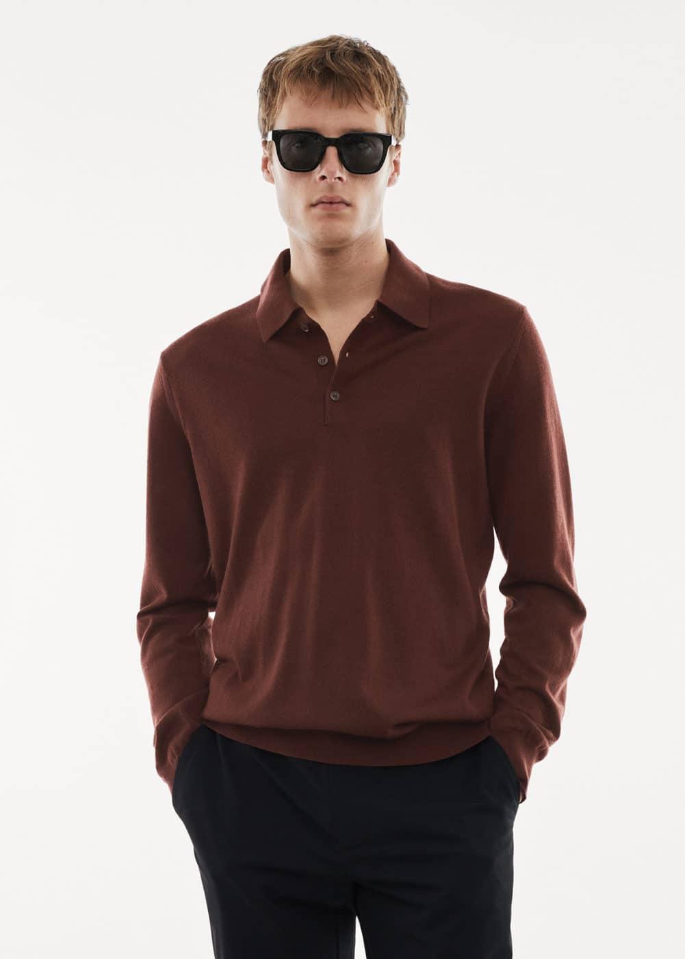 MANGO MAN - 100% merino wool long- sleeved polo shirt wineMen Product Image