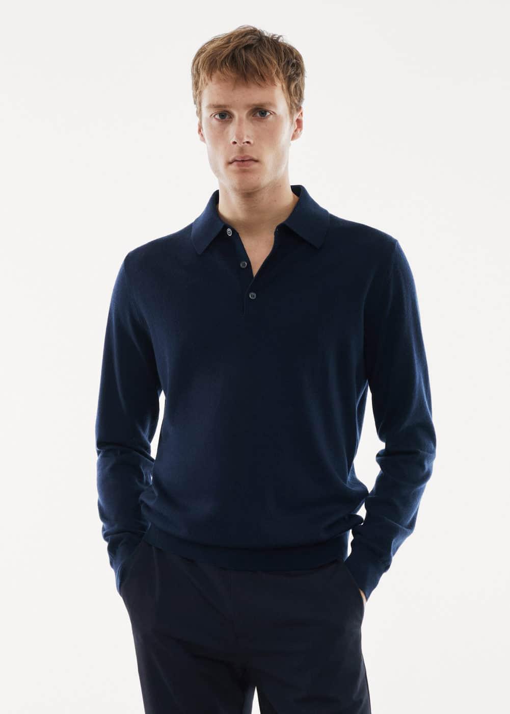 MANGO MAN - 100% merino wool long- sleeved polo shirt navyMen Product Image