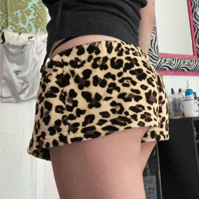 Low Waist Leopard Print Fleece Mini Shorts Product Image