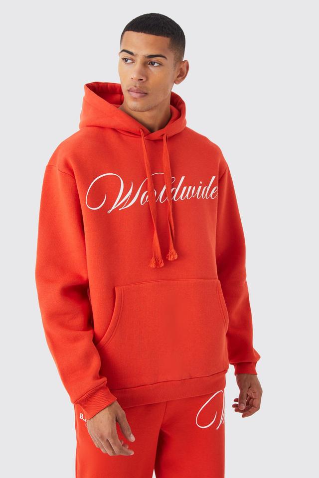 Mens Orange Oversized Chunky Drawcord Printed Hoodie, Orange Product Image