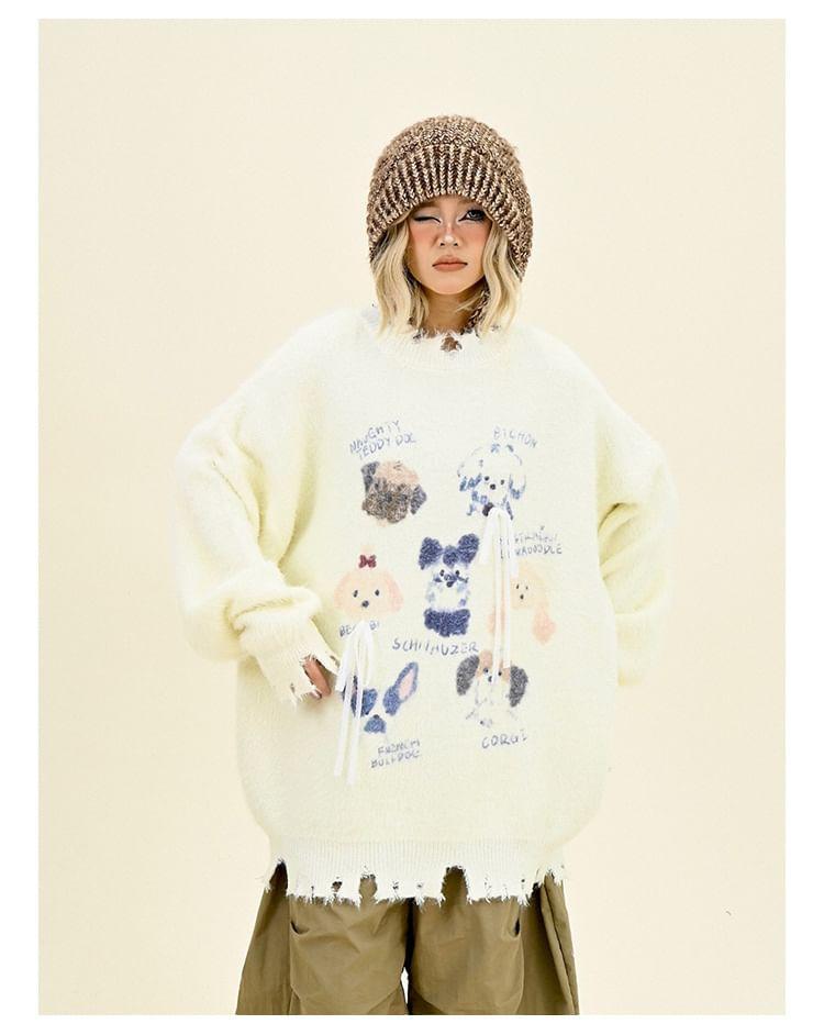 Drop Shoulder Round Neck Dog Print Distressed Oversized Sweater Product Image