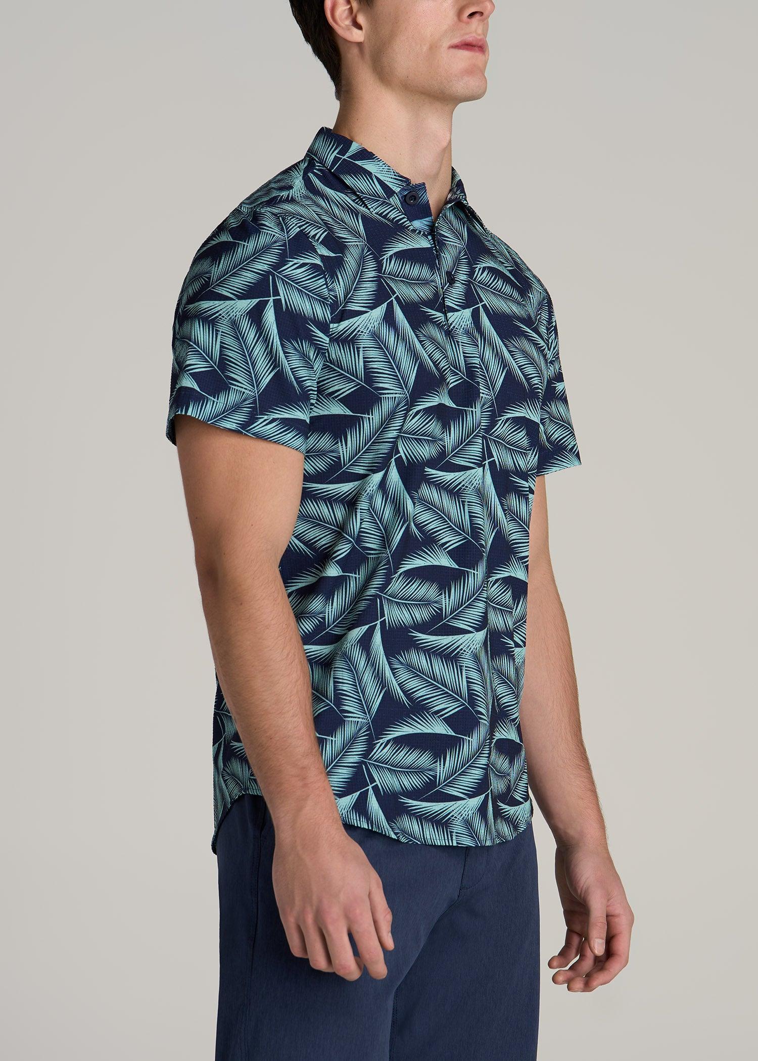 Coastal Perforated Tall Men's Polo Shirt in Navy and Aqua Palms Product Image