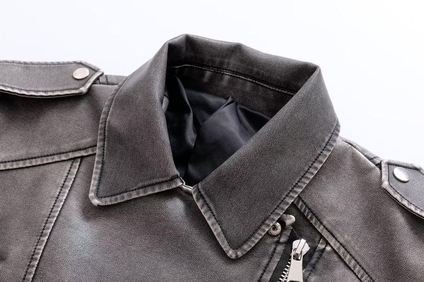 Collared Washed Faux Leather Zip Biker Jacket Product Image